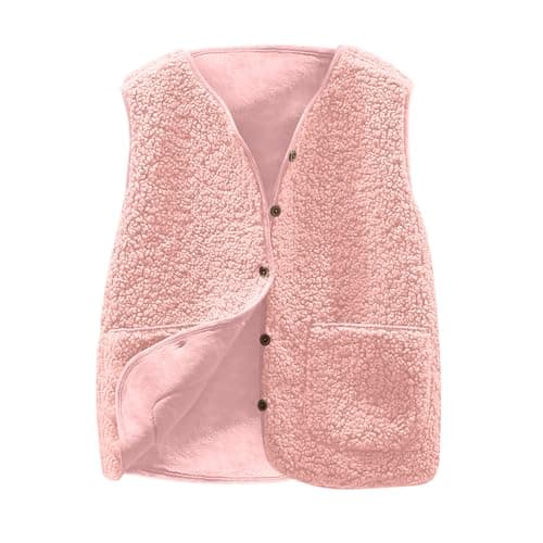 Image of Teddy Fleece Gilet for Women Sleeveless Button Down Vest Sherpa Fluffy Waistcoat Coat Solid Color Lightweight Cozy Gilets Ladies Winter Bodywarmer Soft Jacket with Pockets Fur Fuzzy Coat