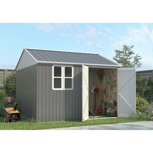 Image of BIRCHTREE Garden Shed Steel Apex Roof House Outdoor Backyard Storage With Lockable Double Doors Window Free Foundation Tool Equipment Organizer Air Vents 10x10FT Grey