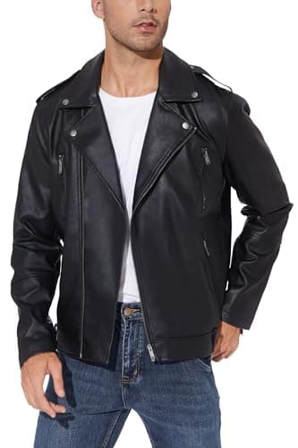Image of Fahsyee Leather Jackets for Men, Faux Bomber Jacket Men Motorcycle Lapel Asymmetric Zip-Up Blet Slim Fit Biker Coat Black S