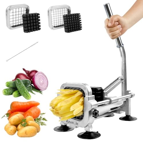 Image of Anatole Potato Chipper Professional Chip Cutter Stainless Steel with 3/8'' 1/2'' Blades Manual French Fry Cutter Veggie Chopper Home Use for Onions Carrots Cucumbers