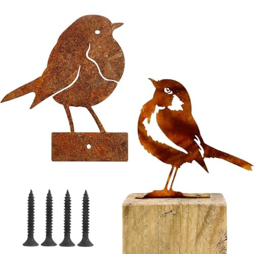 Image of EujRcf 2 Pcs Rusty Metal Sparrow Sculpture Garden Ornament, Robin Ornaments Set with Four Screws, Garden Sculptures and Statues, Fence Decorations Outdoor, Outdoor Decorations for Gardens