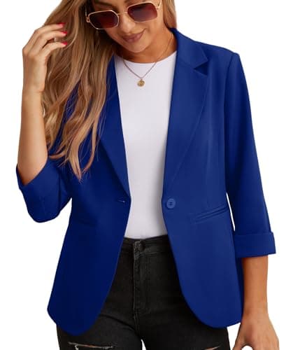 Image of GRECERELLE Womens Blazers Casual 3/4 Sleeves Jackets Suiting & Blazers Notched Lapel Solid Elegant Coat Work Office Formal Top Outerwear with Pockets Buttons for Women UK (Royal Blue, 14)
