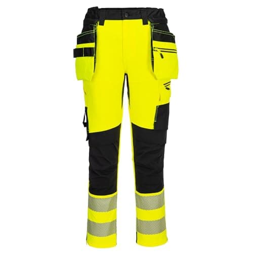 Image of Portwest DX454 DX4 Hi Vis Detachable Holster Pocket Craft Work Trousers Four Way Stretch Fabric High Rise Back Waistb Triple Stitched Seams EN ISO 20471 Class 1, Yellow/Black, 34