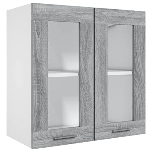 Image of vidaXL Modern Grey Sonoma Hanging Glass Cabinet in Engineered Wood - Wall Mounted, Compact Kitchen Storage, 2 Shelves/2 Glass Doors