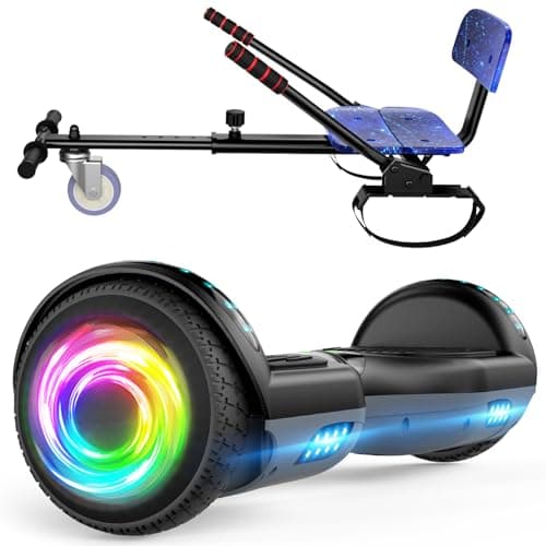 Image of SISIAGD Hoverboards with Seat, Hoverboards Hoverkart, Hoverbaords Go-Kart with Bluetooth Speaker LED Lights, Gift for Children, Blackgrey-Starblue