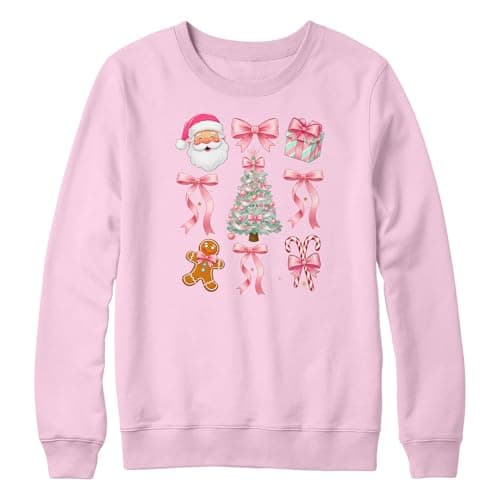 Image of Purple Print House Personalised Festive Christmas Girls Sweatshirt Pink Santa Tree Candy Cane Gingerbread Design – Jumper For Daughter Niece Gift, 9-11 Years, Light Pink