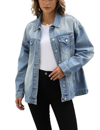 Image of Omoone Women's Oversized Denim Jacket Button Down Cotton Mid Long Biker Coat with Pockets