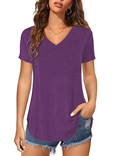 Image of Florboom Ladies Blouses Summer Casual Tshirts V Neck T Shirt Plain Tshirts, Purple 16 18