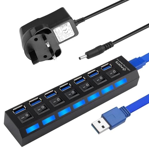 Image of USB Hub Powered 7 Port, Powered USB3.0 2.0 Hub Splitter with Individual LED Power Switches for Laptop Desktop, USB Extension Splitter Including 5V 2A Power Adapter