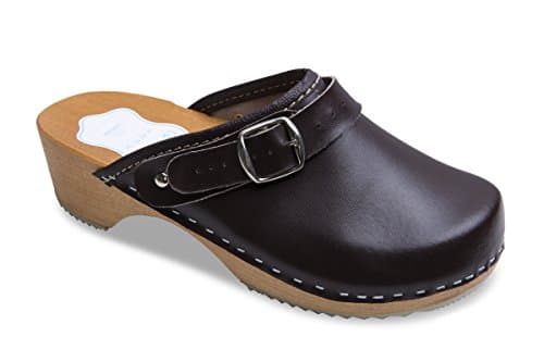 Image of FUTURO FASHION Women's Healthy Natural Genuine Leather Wooden Sole Plain Clogs Unisex Colours, Brown, 4 UK