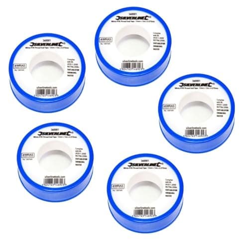 Image of Silverline White PTFE Sealant Tape Threaded Thread Seal Tape Fitting Water Plumbing Tape 12mm x 12m Pack of 5
