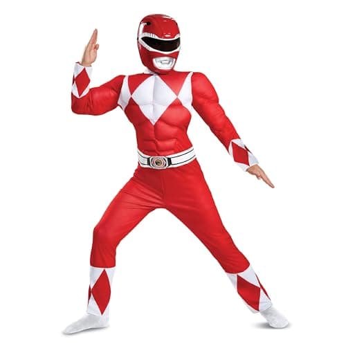 Image of Disguise Official Premium Red Power Rangers Costume Kids, Muscle Power Rangers Fancy Dress Up Outfit for Children Suit Halloween Birthday World Book Day Costumes for Boys Medium