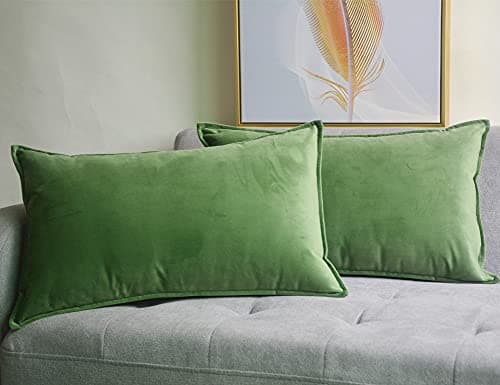 Image of Lutanky Olive-Green Velvet Cushion Covers 30 x 50 cm Decorative Rectangle Throw Pillow Covers (Pack of 2) Soft Oblong Piped Pillowcases for Sofa Bedroom with Invisible Zipper 12x20 Inch