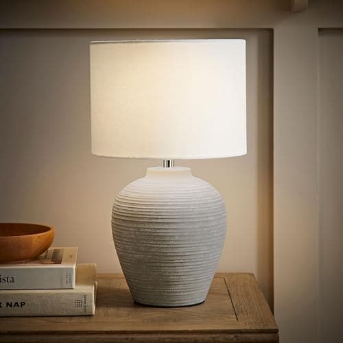 Image of ValueLights | Reid Linen Drum Lamp Shade Stone Grey Ribbed Ceramic Small Table Lamp with Bulb | Table Lamps, Home Décor & Improvement Essential | Light Bulb Included