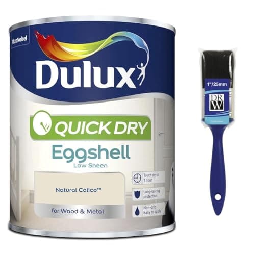 Image of DRW Natural Calico Quick Drying Eggshell Paint 750ml +1" Paint Brush | Interior Wood and Metal Paint | Durable Low Sheen Finish | Fast Drying Trim Paint for Doors Skirting Boards and Furniture