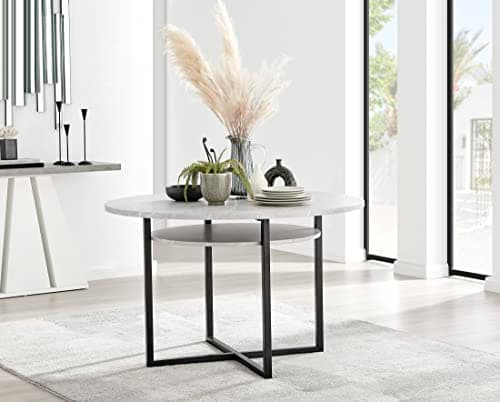 Image of Furniturebox UK Dining Table - Adley Round Dining Table With Storage Shelf - Contemporary Matte Grey Concrete Finish With Black Metal Legs - Industrial Modern Style - Dining Room Furniture
