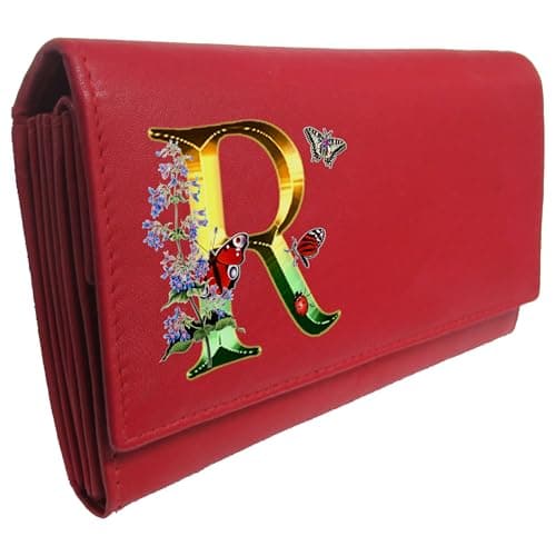 Image of Klassek Personalised Womens Purse, Letters A to Z, Initial, Alphabet, Butterflies, Flowers and Bee Design. Leather, RFID Protection, Wallet, Real Animal Leather, (Red) Multiple Colours Available