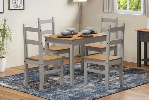 Image of Corona Dining Table And 4 Chairs Set Grey Wax Budget Kitchen Solid Wood Pine Wooden Painted Small Shabby Chic Mexican Style 76cm High 100cm Wide 65cm Deep