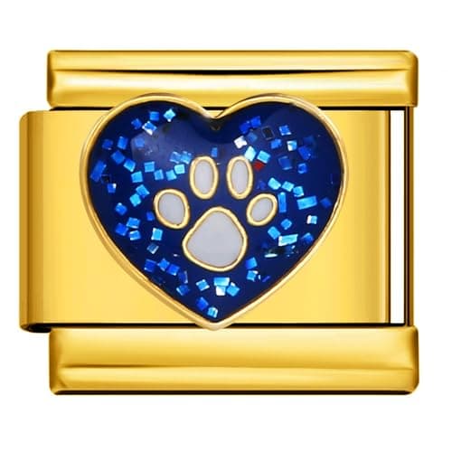 Image of Mon & Sons 18k Gold Dog Puppy Cat Kitten Blue Boy Paw Love Heart Silver Italian 9mm Link Stainless Steel Bracelet Charm Compatible With 9mm Link