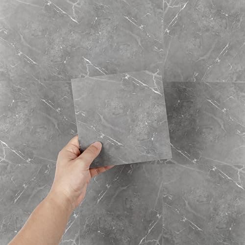 Image of Hode 10pcs 15x15cm Grey Marble Tile Stickers for Kitchen Bathroom Backsplash, Sticky Back Plastic Stick on Tiles Vinyl Transfers, Peel and Stick Self Adhesive Wall DIY, 6x6 inch