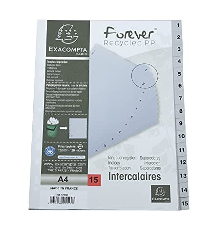 Image of Exacompta - Ref 1715E - PP Printed Indices - For Use With A4 Documents, 0.1mm Polypropylene, Pre-Punched, Soft & Tear Resistant - 15 Divider Parts (1-15) - Grey