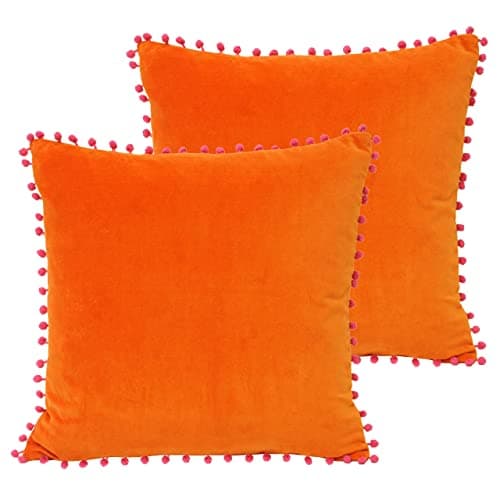 Image of Paoletti Velvet Pompom Polyester Filled Cushions (Twin Pack), Cotton, Orange/Fuschia