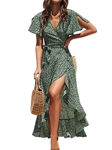 Image of CUPSHE Women's Summer Wrap Maxi Dress - Casual Split Flared Sleeve V-Neck Ditsy Tie Waist Ruffle Beach Green M