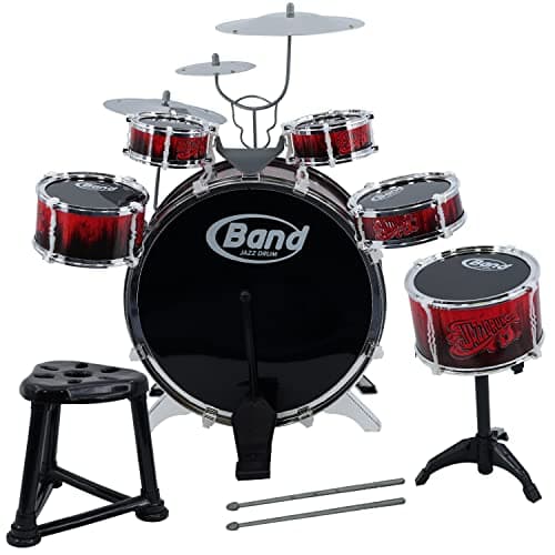 Image of The Magic Toy Shop Large Kids Drum Kit - Red & Black Junior Jazz Percussion Set with Stool, Pedal, Sticks, 6 Drums, 3 Cymbals - Beginner Kids Musical Instruments for Boys & Girls 3+