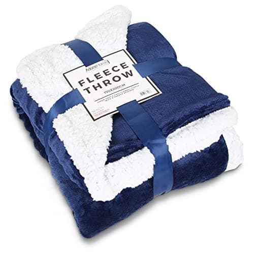 Image of Adore Home Sherpa Fleece Throw Blanket Fluffy Soft Teddy With Flannel Front Double Size 150x200cm Checked & Plain, Navy
