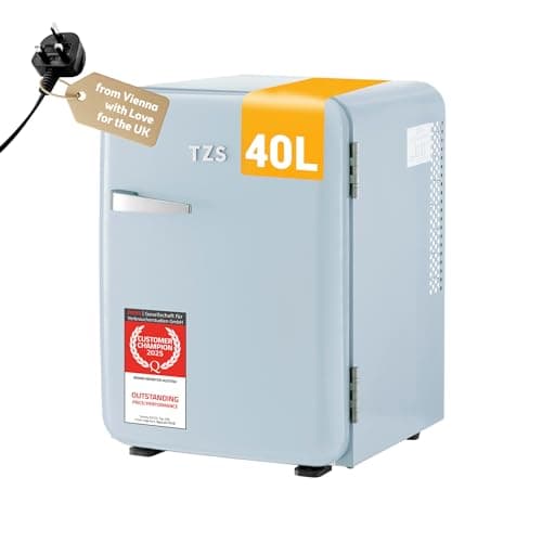 Image of TZS First Austria - Retro Mini Fridge 40L Silent - Small mini fridge in vintage design with interior lighting & 2 door compartments - Minibar for camping, office, bedroom & hotel - lightblue