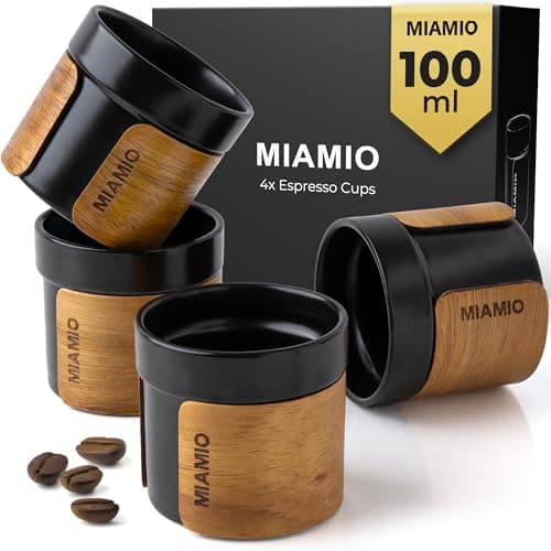 Image of MIAMIO – Espresso Cups Set of 4 (100 ml) Japanese Tea Cups Ceramic/Handleless Mug with Removable Wooden Cuff/Coffee Cups Without Handle (Black)