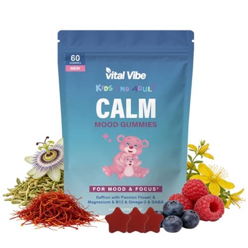 Image of Calm Mood Gummies for Kids & Adults | Saffron, Passion Flower, Magnesium, Omega-3, B12 & GABA | Supports Mood & Focus | 60 Raspberry Flavour Gummies | Vegan & Gluten Free
