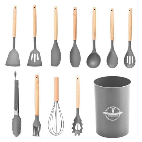 Image of 12 Pcs Kitchen Utensils Set, Silicone Kitchen Utensils Set with Holder, Nonstick Silicone Utensil Set Cooking Utensils Set for Cookware Pan, Easy to Clean, Heat-Resistant (Gray)