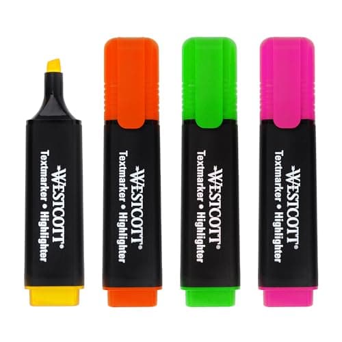 Image of Westcott highlighter markers 4 pieces in green, yellow, orange, pink | 4-pack highlighter markers in bright colours | 2-5 mm line width | premium ink from Germany | E-744249 00