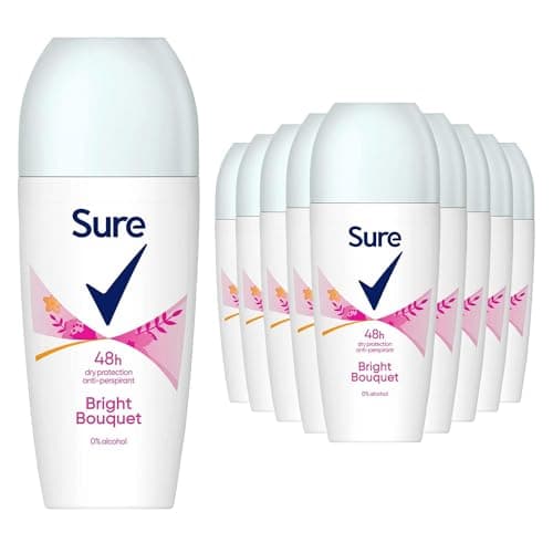 Image of Sure Antiperspirant Roll On Bright Bouquet 48H Sweat and Odour Protection Roll On with Fresh, Light and Clean Scent Deodorant for Women, 50ml Pack of 12