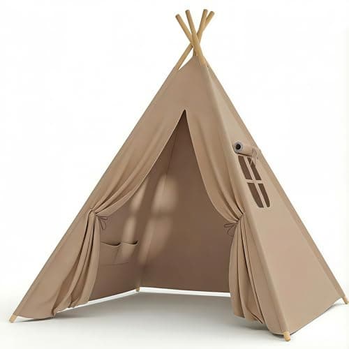 Image of Teepee Tent for Kids: Play Tent for Girls Boys with Padded Mat Cotton Teepee with Lights Carry Bag Throw pillows * 3 (Khaki, kids tent-tent only)
