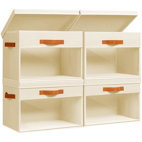 Image of Homsorout Fabric Storage Boxes with Lids - 4 Pack Large Organiser Bins with Clear PVC Windows, Foldable Decorative Wardrobe Storage Baskets for Clothes, Blankets, Sheets, 40 x 30 x 30CM, Beige