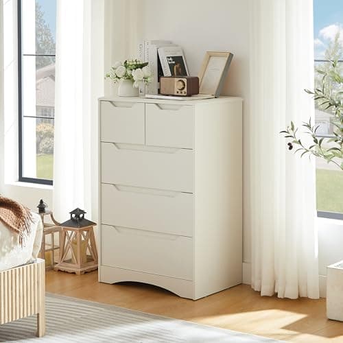 Image of HOMVIAUS 5 Drawer Chest of Drawers White, Chest of Drawers Bedroom Sturdy & Spacious Storage Drawers for Bedroom, Living Room, Hallway, Entrance and Office