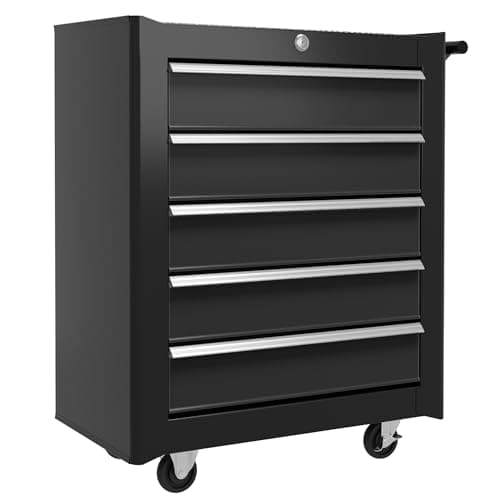 Image of HOMCOM Steel 5-Drawer Tool Storage Cabinet Lockable with Wheels Handle 2 Keys Garage Equipment Trolley Home Work DIY Workshop Chest Black