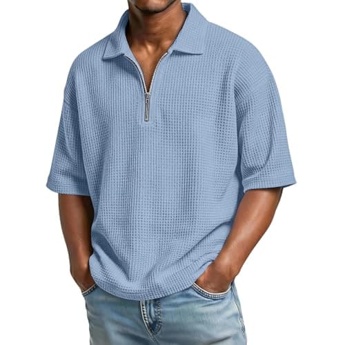 Image of Half Sleeve Shirts for Men UK Quarter Zip Waffle Summer Shirt Loose Fit Casual Shirts Stand Collar Workout Gym Shirt Quick-Dry Regular Fit Solid Color T-Shirts Lightweight Breathable Tee Tops
