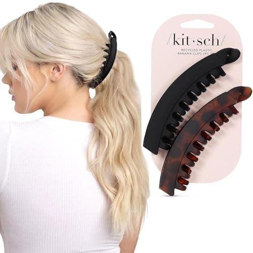 Image of Kitsch Banana Clips For Hair - Retro Banana Hair Clips for Women | Secure & Durable, No Crease Hair Accessories for Women | Styling, Ponytails & Updos | Ideal Gifts for Women - Black & Tort, 2pcs