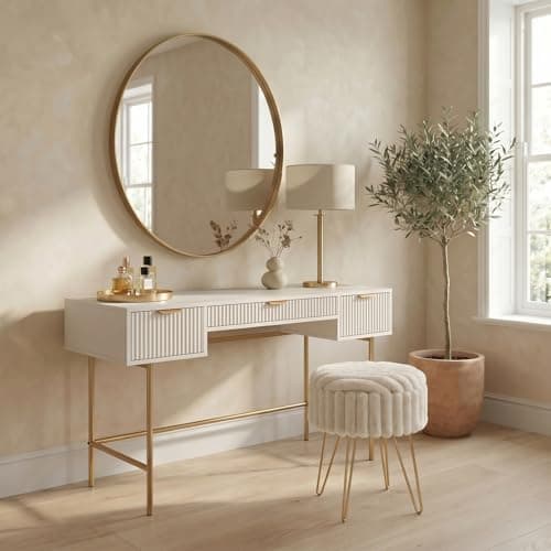 Image of OHS Dressing Table, Ribbed Wooden Vanity Table with 3 Drawers Decorative Drawer Organiser with Gold Metal Frame Modern Makeup Desk for Bedroom, Cream - 110 x 35 x 75cm