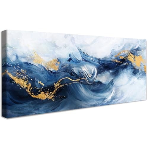 Image of Wooden Framed Canvas Wall Art Golden Navy Blue Sea Wave Painting on Canvas Prints Poster Abstract Ocean Watercolour Pictures for Living Room Bedroom Home Office Wall Decoration 50x120cm/20x48 inch
