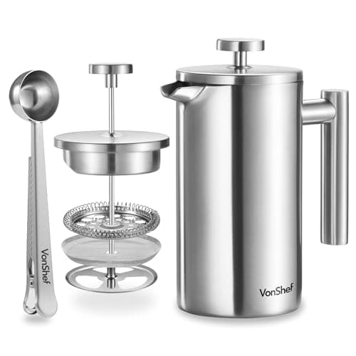 Image of VonShef 6 Cup Cafetiere, Stainless Steel 800ml Double Walled French Press with Measuring Spoon/Bag Seal, Dishwasher Safe Filter Coffee Maker with Plunger