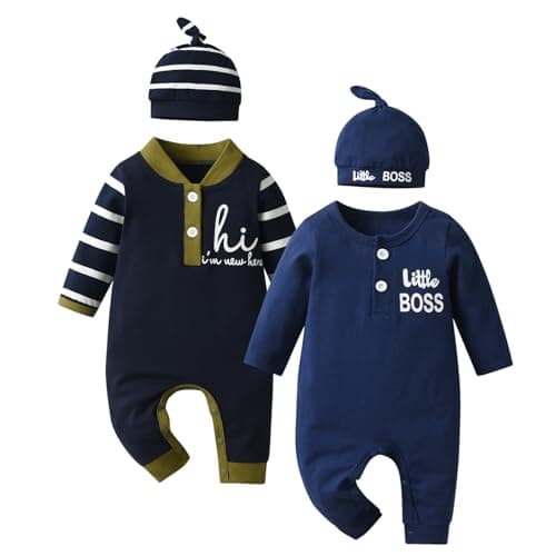 Image of Tearfuty Newborn Baby Boy Rompers Cotton One Piece Jumpsuit Long Sleeve Rompers +Hat (2 Pack)
