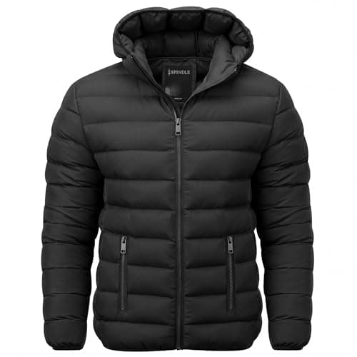 Image of Spindle Mens Plain Black Hooded Padded Quilted Puffer Jacket Winter Coat 5 Zip Pockets Black With Zips 3XL