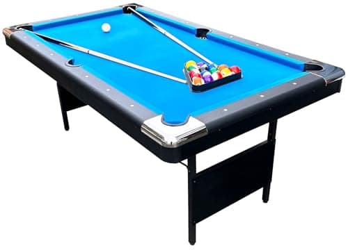 Image of 6ft Folding Leg Pool Table - Black Frame with Blue Cloth - Inc Accessories.