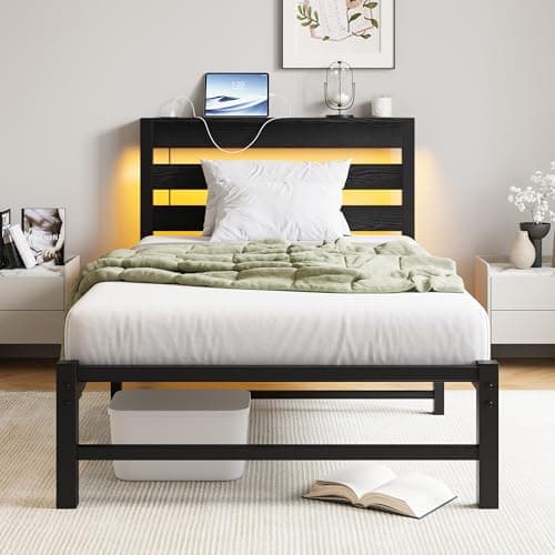 Image of VERFARM 3ft Single Bed Frame with Charging Station and LED Lights, Heavy Duty Metal Platform Single 90x190 cm Bed Frame with Wood Storage Headboard, No Box Spring Needed, Noise Free, Black
