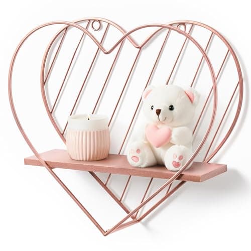 Image of Afuly Heart Floating Shelves for Wall, Wooden Wall Shelf with Metal Wire, Small Wall Mounted Shelf, 26cm Display Shelves for Bathroom, Bedroom, Living Room, Kids Room Decor, Rose Gold