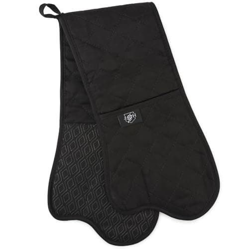 Image of Homefolk Double Oven Gloves – Heat Resistant Silicone Grip Oven Mitts for Cooking, Baking & BBQ – Waterproof, Non Slip, Quilted Design – Professional Kitchen Gloves (1 Pair) (Black)